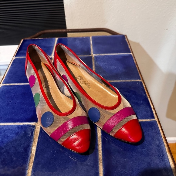Polka Dot Flats / Vintage 80s/ Red/ Blue/ Green on Tulle - sz 7.5B - Picture 1 of 7